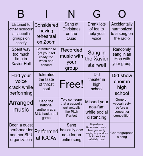 SLU A Cappella Bingo Card