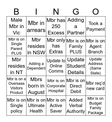 Bupa Bingo Card