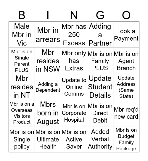 Bupa Bingo Card