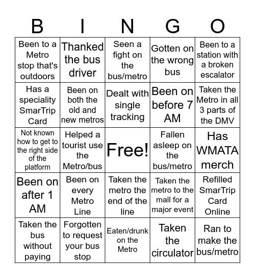 WMATA Bingo Card