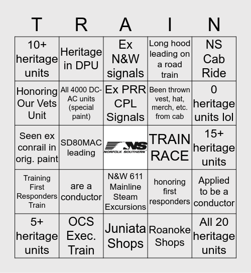 Railfan Rowan's Norfolk Southern Bingo Card