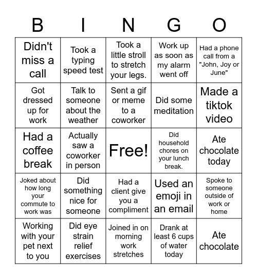 Working From Home Bingo Card