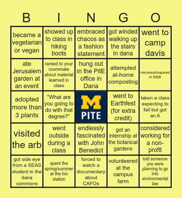 UMich PitE Bingo Card
