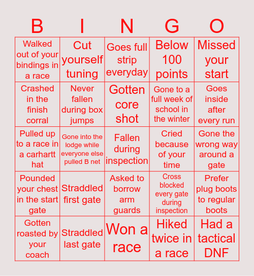 Ski Racer Bingo Card