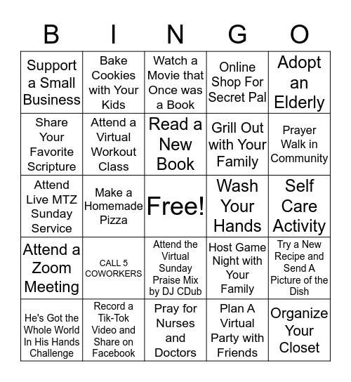 Safe at Home BINGO Card