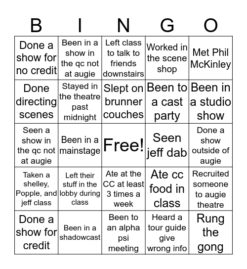 Augie Theatre Bingo Card