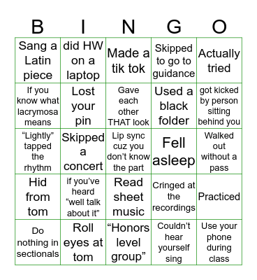 Minnechaug Choir Bingo Card