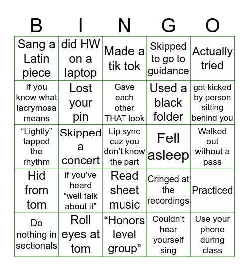 Minnechaug Choir Bingo Card
