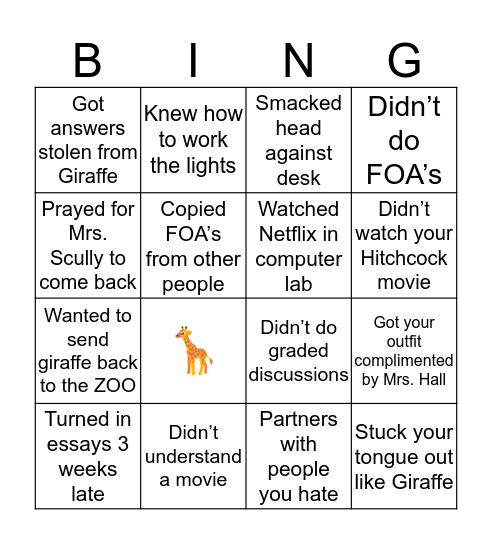 A-Block Lit & Film Bingo Card