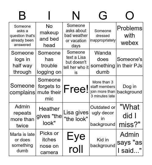 Virtual staff meeting bingo Card