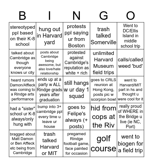 Cambridge Bingo Card