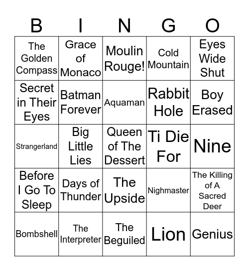 Nicole Kidman's Movies Bingo Card