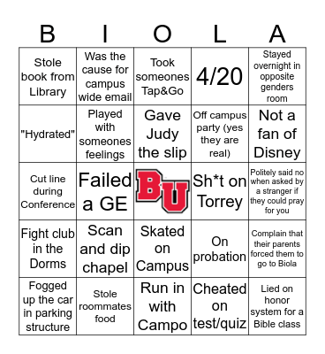 Edgy Biola Bingo Card