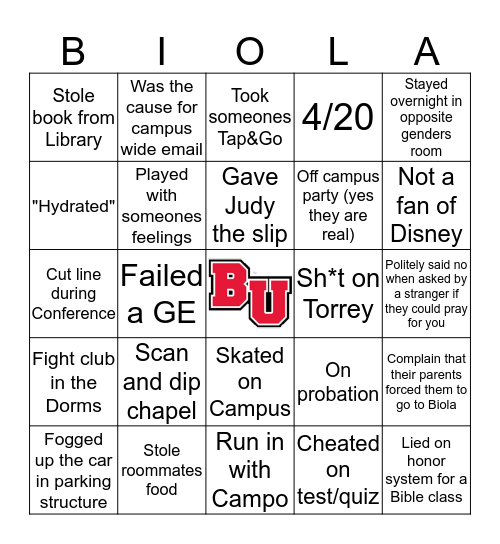 Edgy Biola Bingo Card