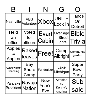 Youth Group Bingo Card