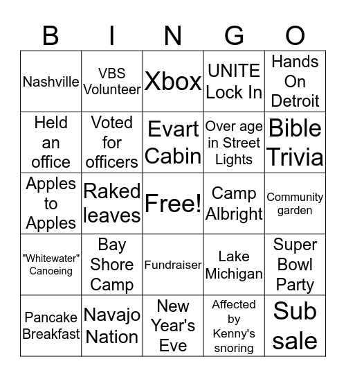 Youth Group Bingo Card