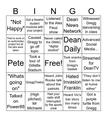 Dean College: Communications Major Bingo Card