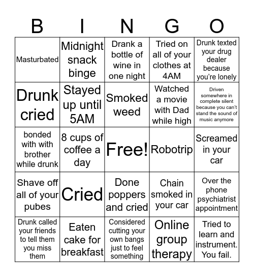 Depression Quarantine Bingo Card