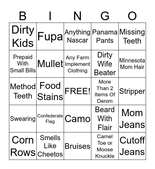 White Trash Bingo Card