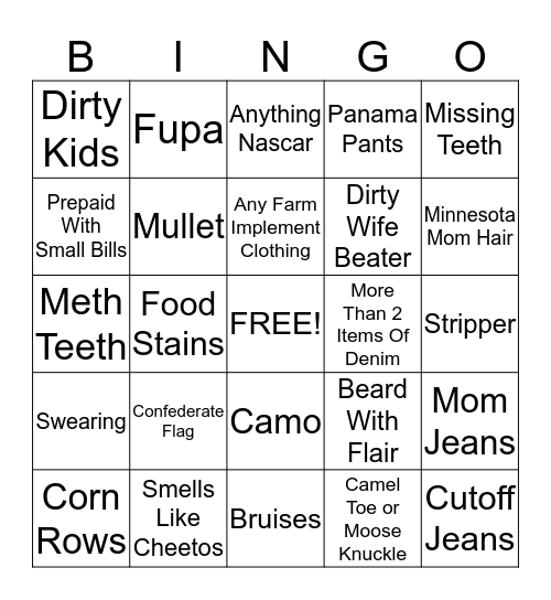 White Trash Bingo Card