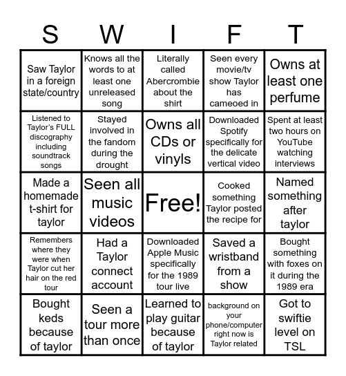 Swift-o Bingo Card