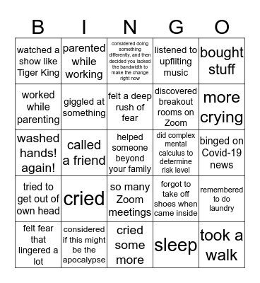 Covid-19 Quarantine Bingo Card