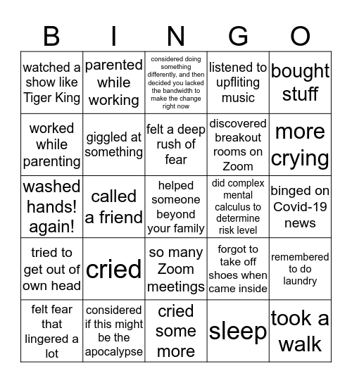 Covid-19 Quarantine Bingo Card