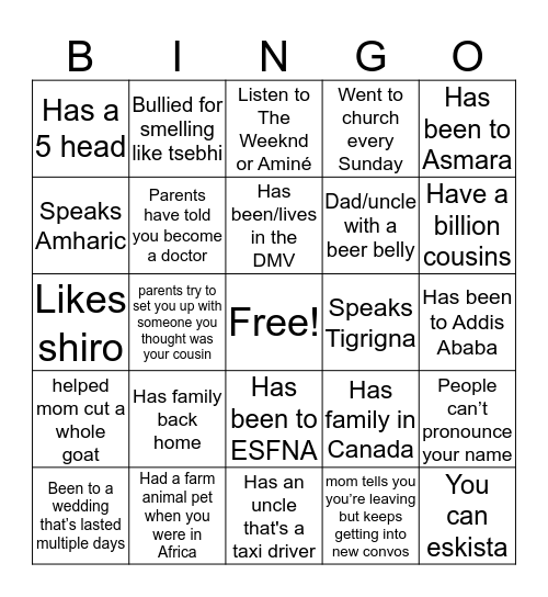 Habesha Bingo Card