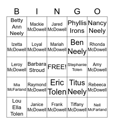 Sims Smith Family Reunion Bingo Card