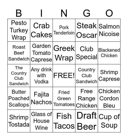 New Menu Bingo!  Bingo Card
