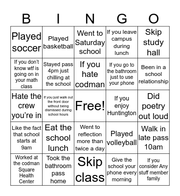 Codman Academy Bingo Card