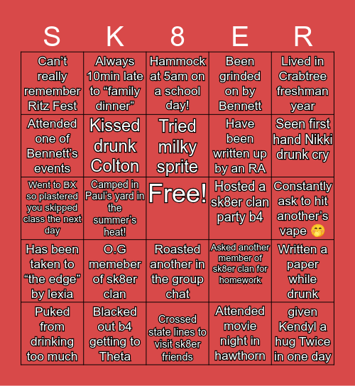 Sk8er clan BINGO. Bingo Card