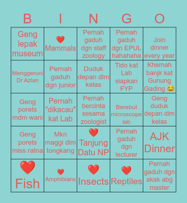 Unimas Zoology kids 13/14 Bingo Card