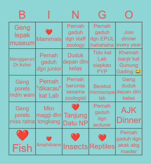 Unimas Zoology kids 13/14 Bingo Card