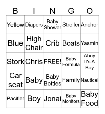 Yasmin & Chris' Baby Shower Bingo Card