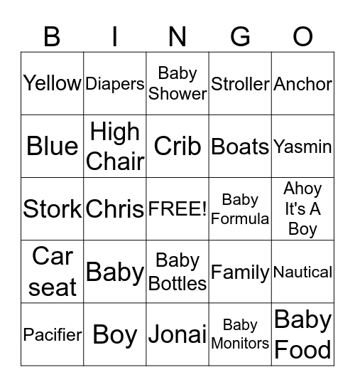 Yasmin & Chris' Baby Shower Bingo Card