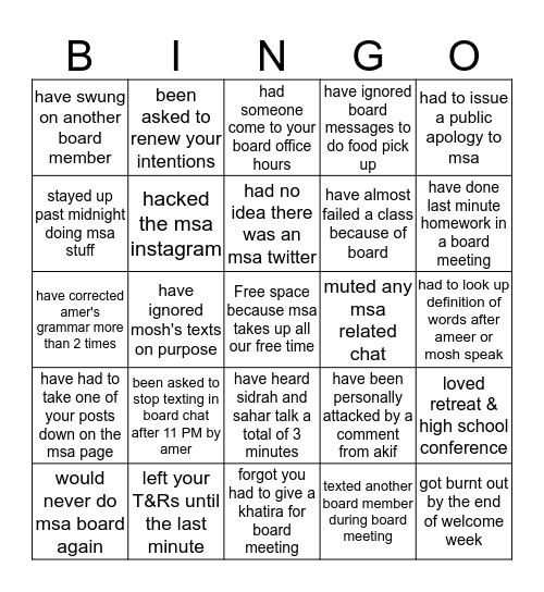 MSA UCSD Board Bingo Card