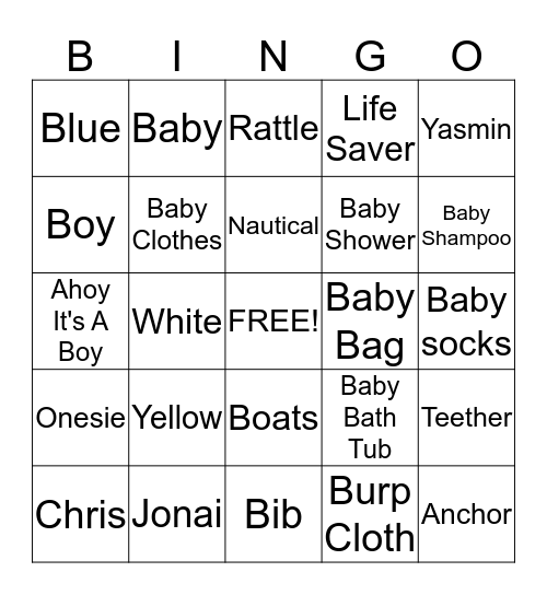 Yasmin & Chris' Baby Shower Bingo Card