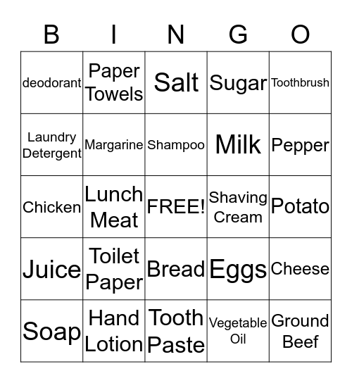 Grocery Words Bingo Card