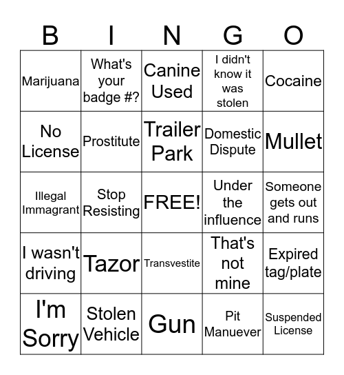 Cops Bingo Card