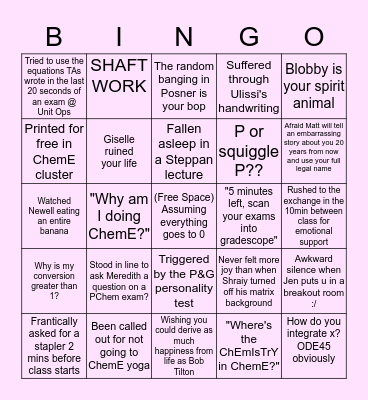 ChemE Bingo 2.0 Bingo Card
