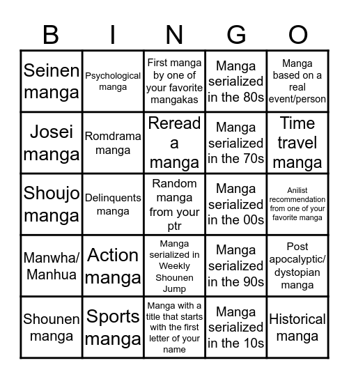 Manga Bingo Challenge Bingo Card