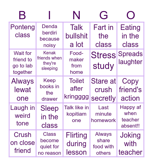 Classmates edition Bingo Card