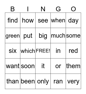 Sight Words Bingo Card
