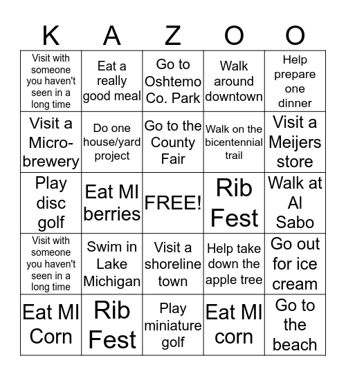 Kalamazoo Visit Bingo Card