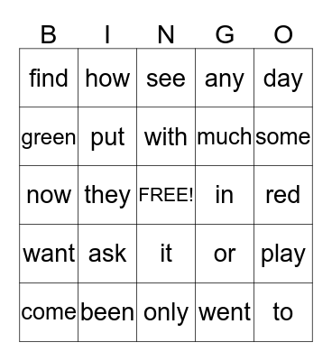 Sight Words Bingo Card