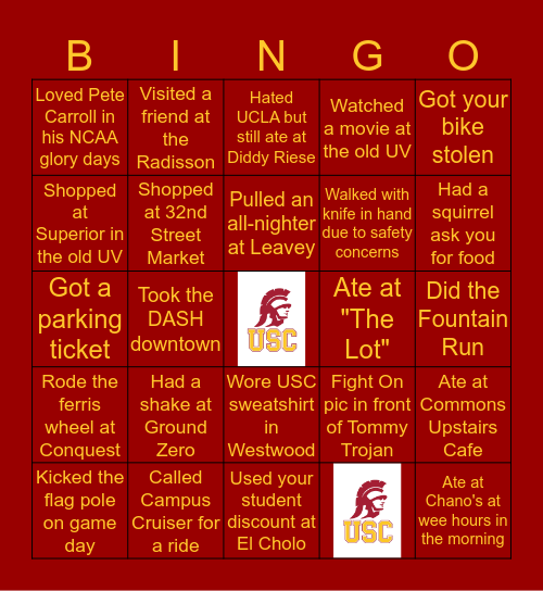 USC Throwback Bingo Card