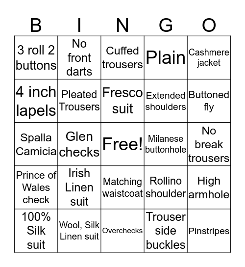 Sartorial Bingo Card