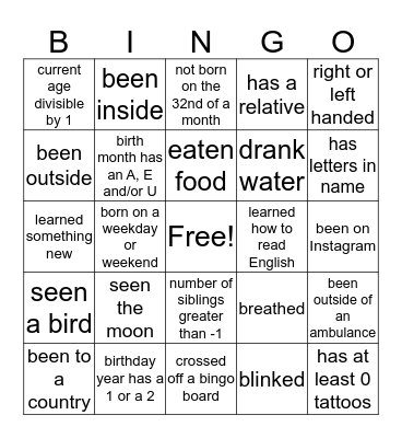 Life Experiences Bingo Card