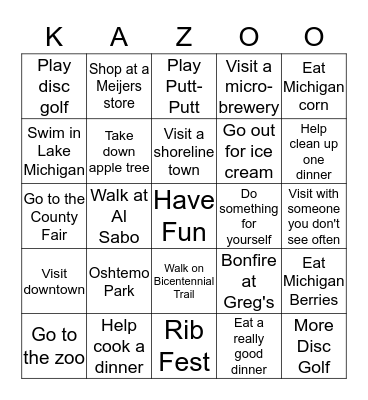 Visit to Kalamazoo Bingo Card